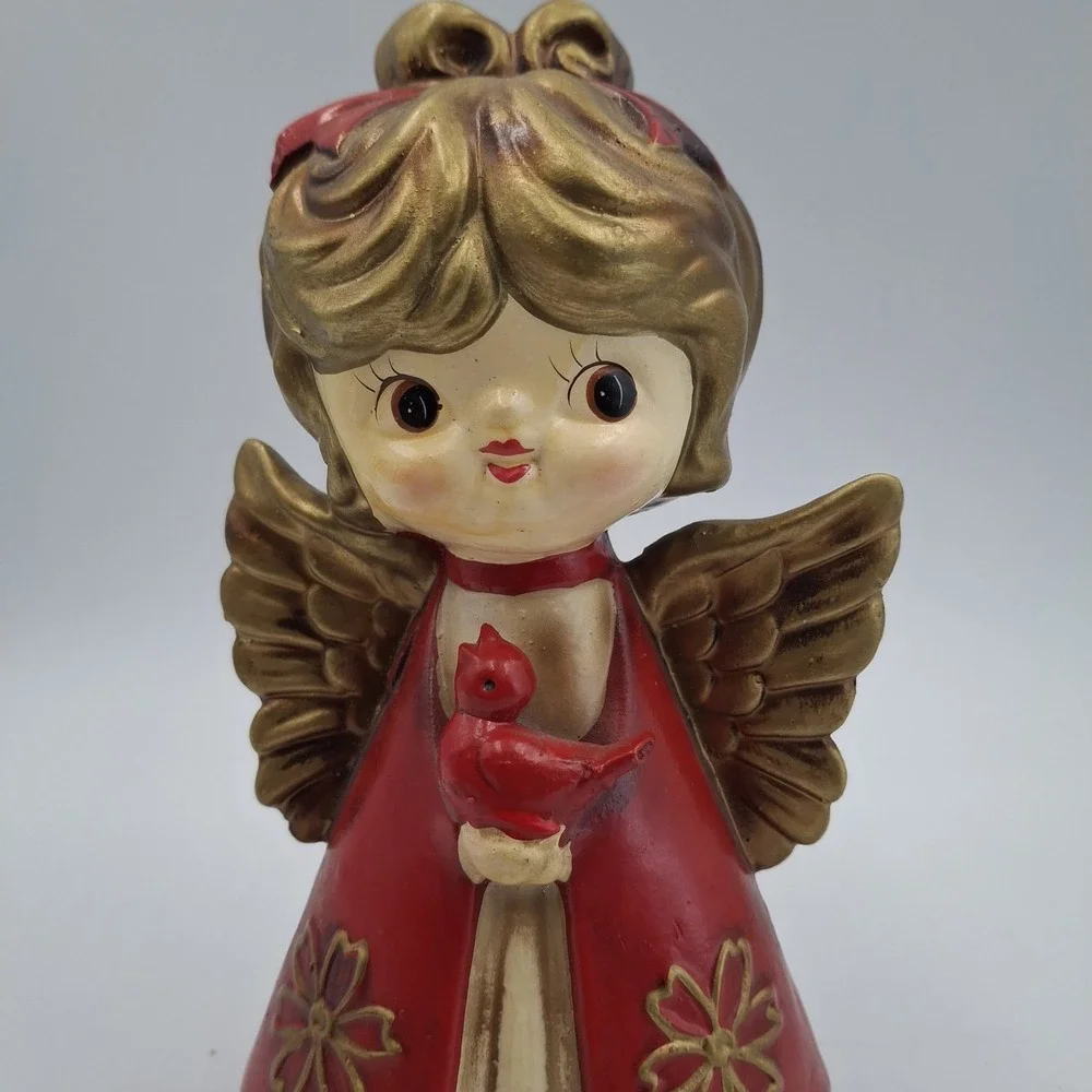 Vtg Christmas Angel Figurine Japan Mid Century‎ Red Gold Big Eye Girl Cardinal